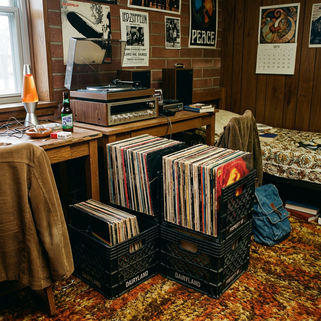 Vintage bedroom corner with turntable, vinyl records, retro posters, and a lava lamp