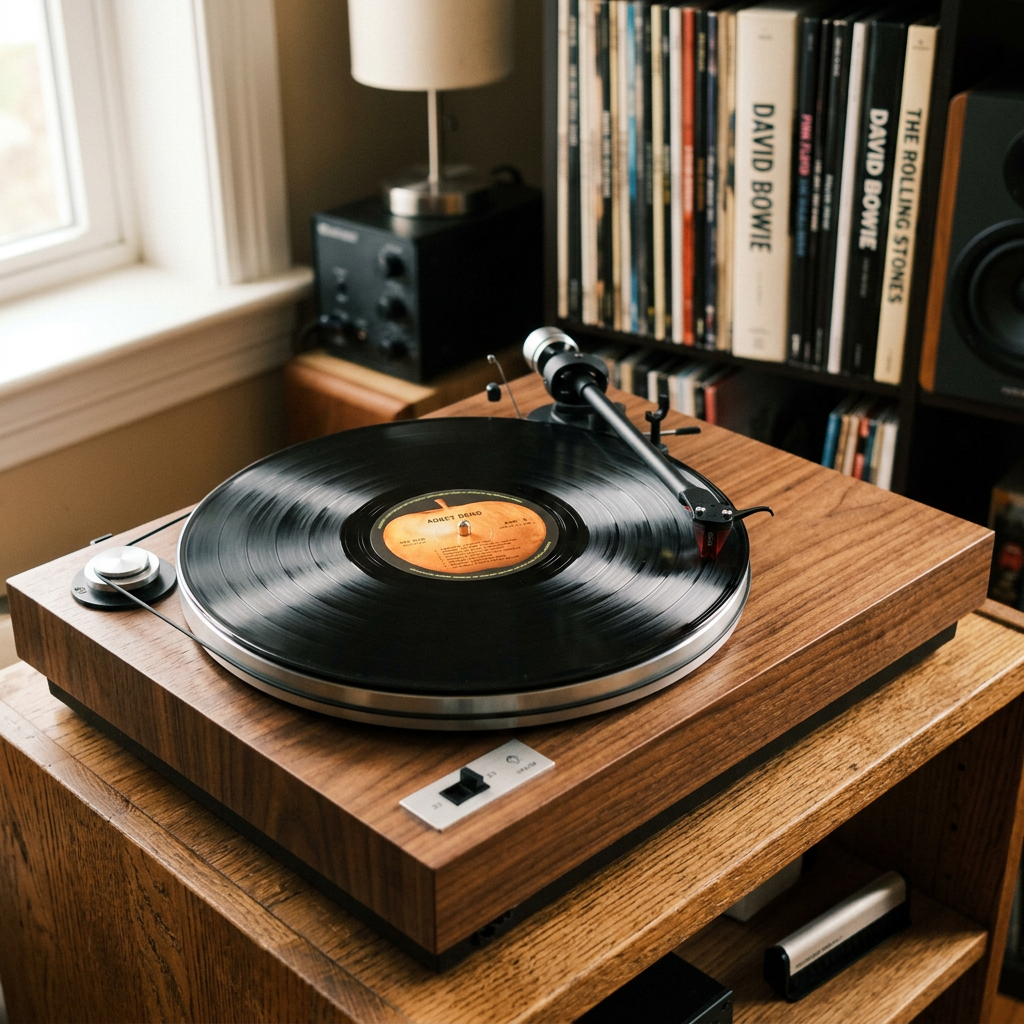 Turntable playing a vinyl record on a wooden cabinet with records and audio equipment nearby