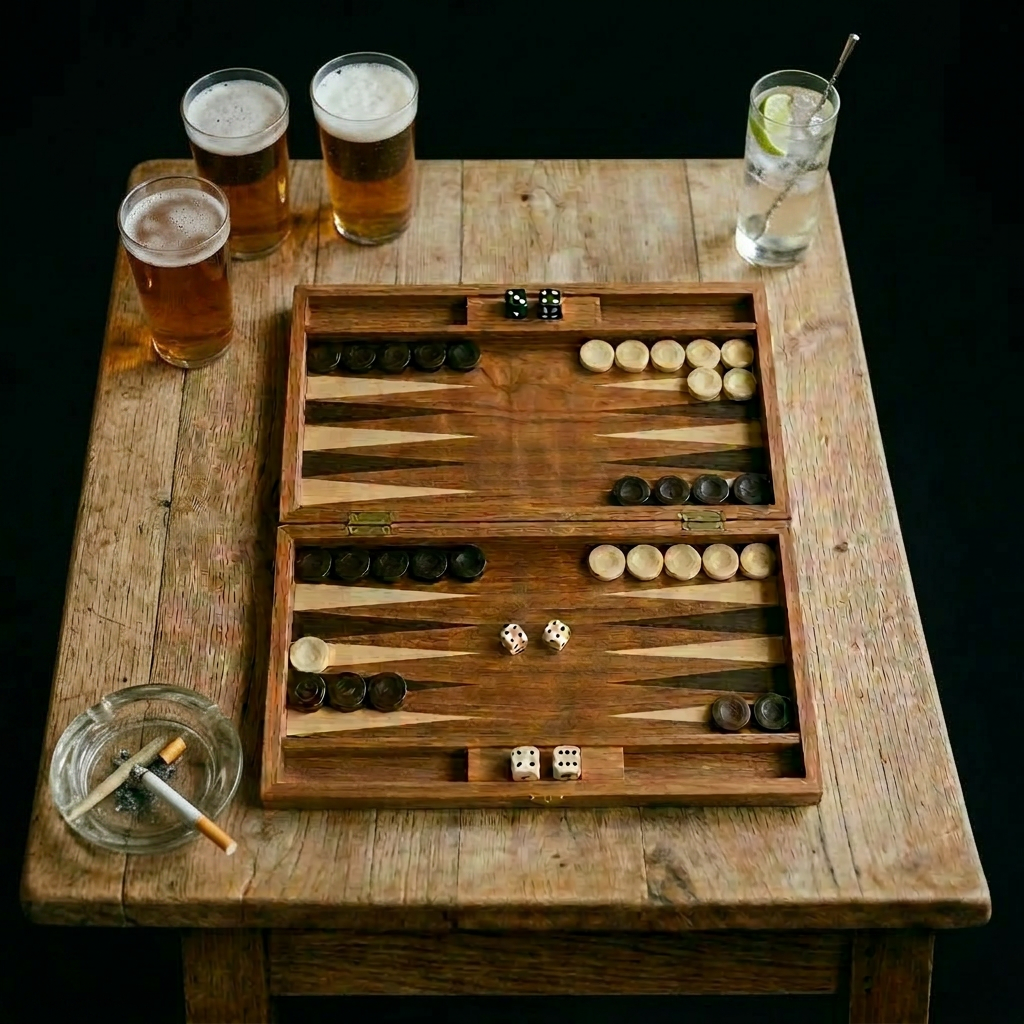 Older man and woman playing backgammon at a wooden table in a pub